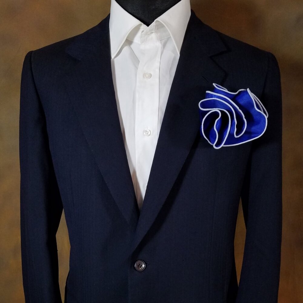 NEW Royal Blue Satin 2-in-1 Pouf Round Pocket Square with White Trim